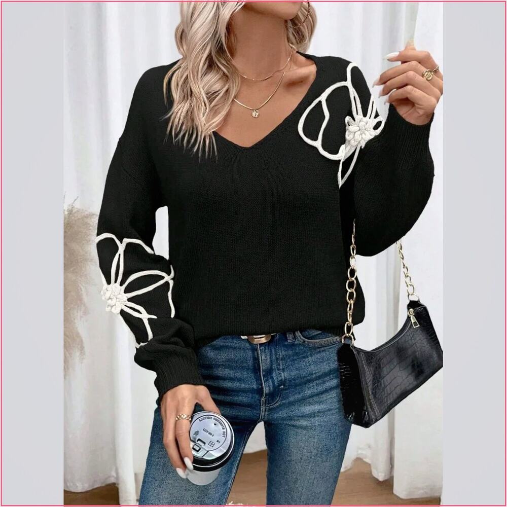 Black And White Casual Women's Floral Pattern Drop Shoulder Sweater